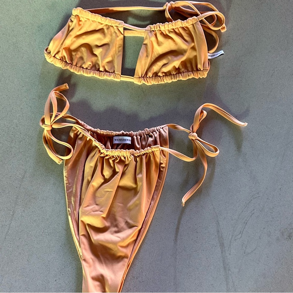WeWoreWhat Gold Orange Ruched String Bikini Set - Picture 8 of 11